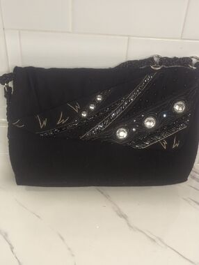 HANDMADE 90s Black Beaded Evening Shoulder Bag